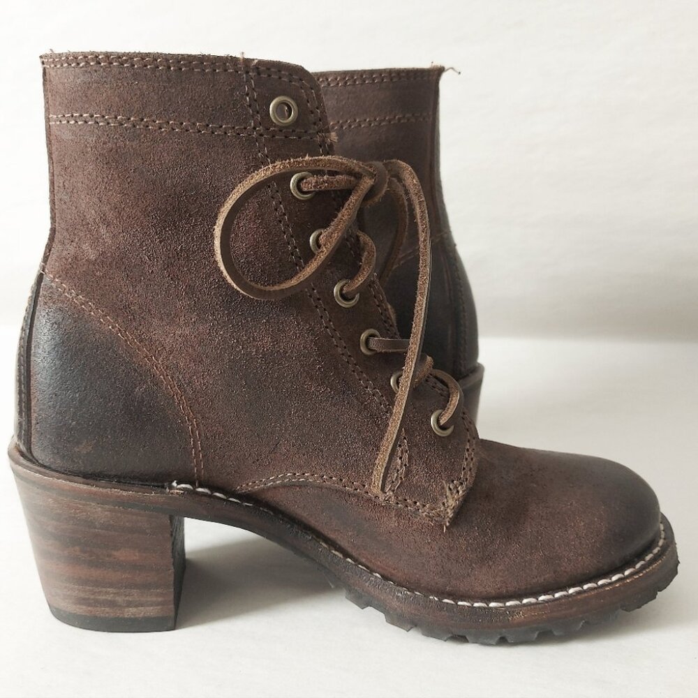 Frye Sabrina 6G Laceup Combat Boots 5.5 M Dark Brown Rugged Chunky Block Heels - Picture 8 of 13